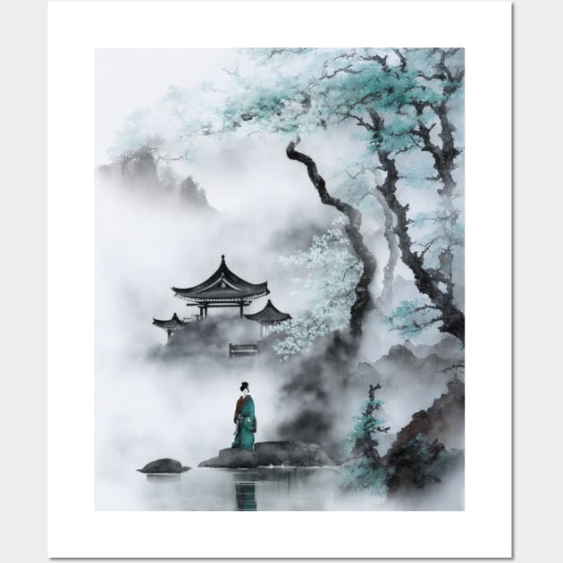 Fantasy Asian ancient landscape with blossom trees Wall Art by Tiessina Designs